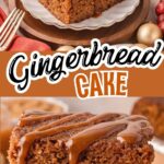 Gingerbread cake with caramel sauce drizzle on a white plate.