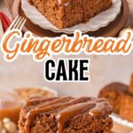 Gingerbread cake with caramel sauce drizzle on a white plate.