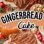 Gingerbread cake with caramel sauce drizzle on a white plate.