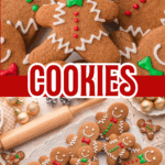 Close-up of a smiling Gingerbread Man Cookie with red bow tie and green buttons, surrounded by festive holiday treats.