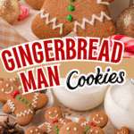 Close-up of a smiling Gingerbread Man Cookie with red bow tie and green buttons, surrounded by festive holiday treats.