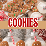 Close-up of a smiling Gingerbread Man Cookie with red bow tie and green buttons, surrounded by festive holiday treats.
