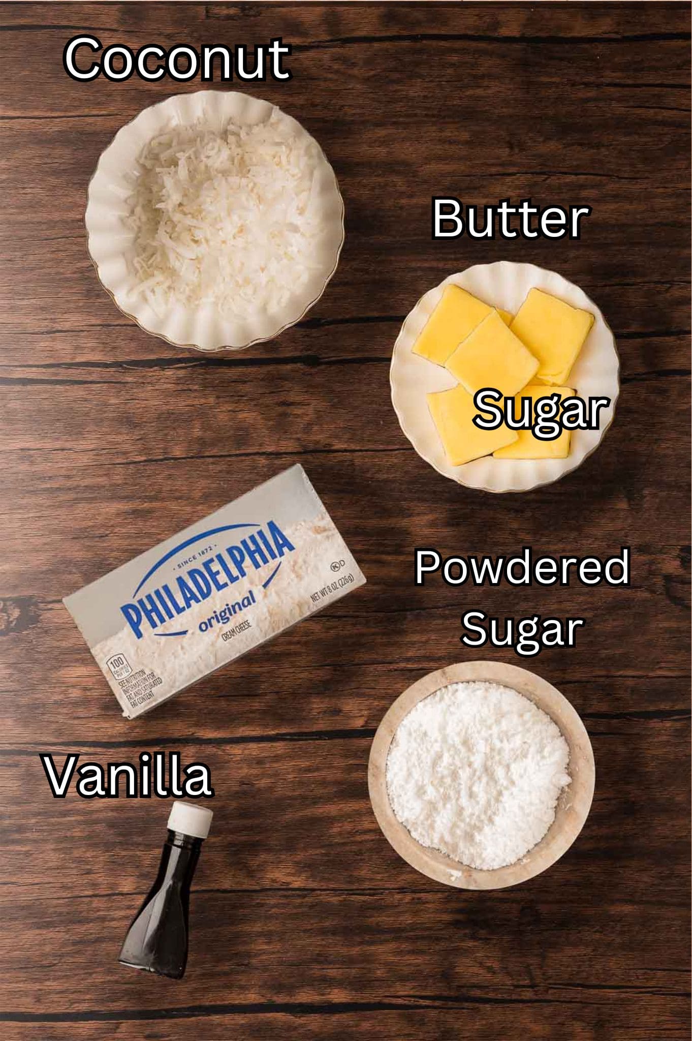 Ingredients for Coconut Snowball Cookies.