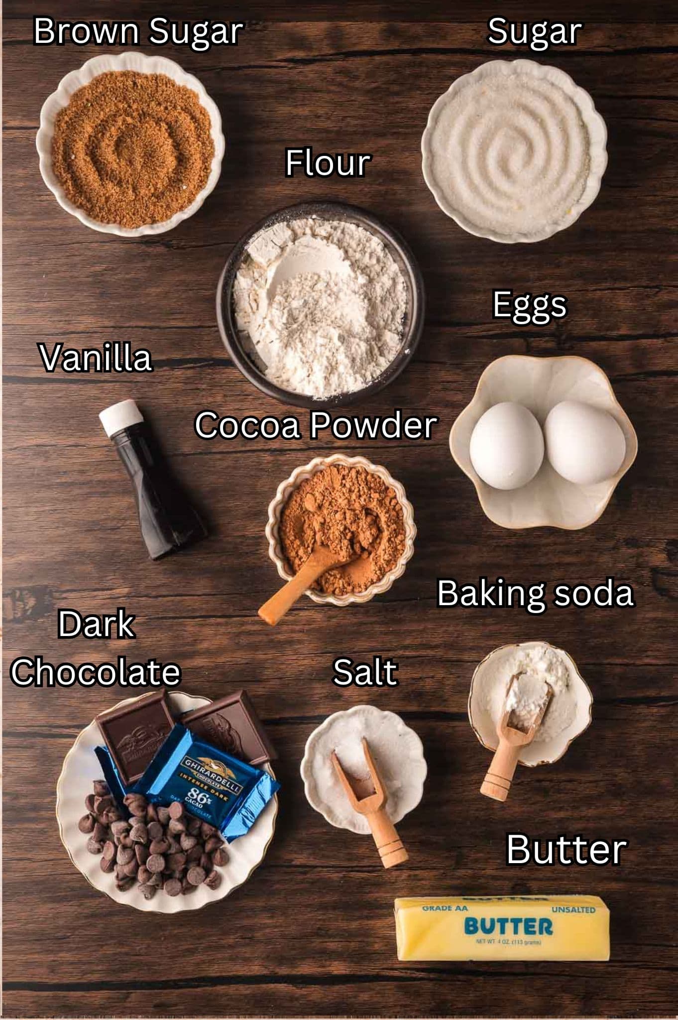 Ingredients for Doouble Chocolate Chunk Cookies Tessie's Table.