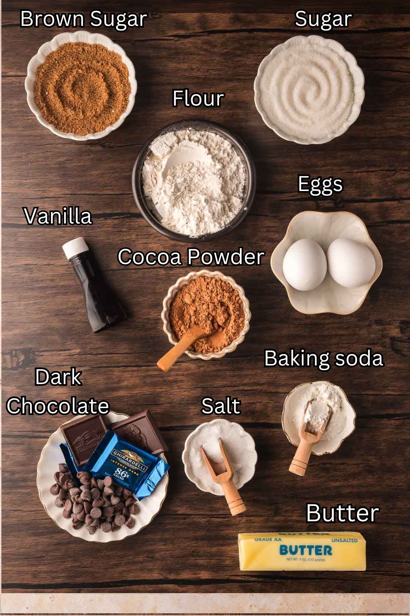 Ingredients for Doouble Chocolate Chunk Cookies Tessie's Table.