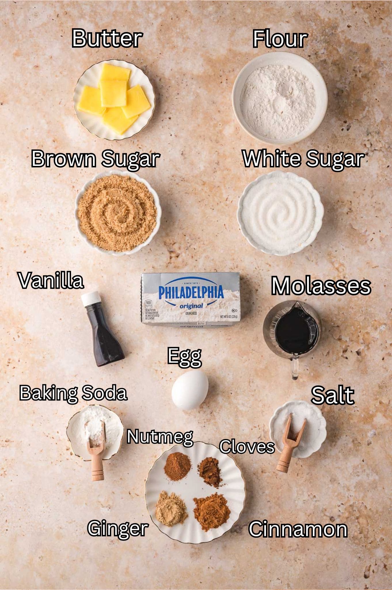 Ingredients for Gingerbread Cheesecake Cookies Tessie's Table.