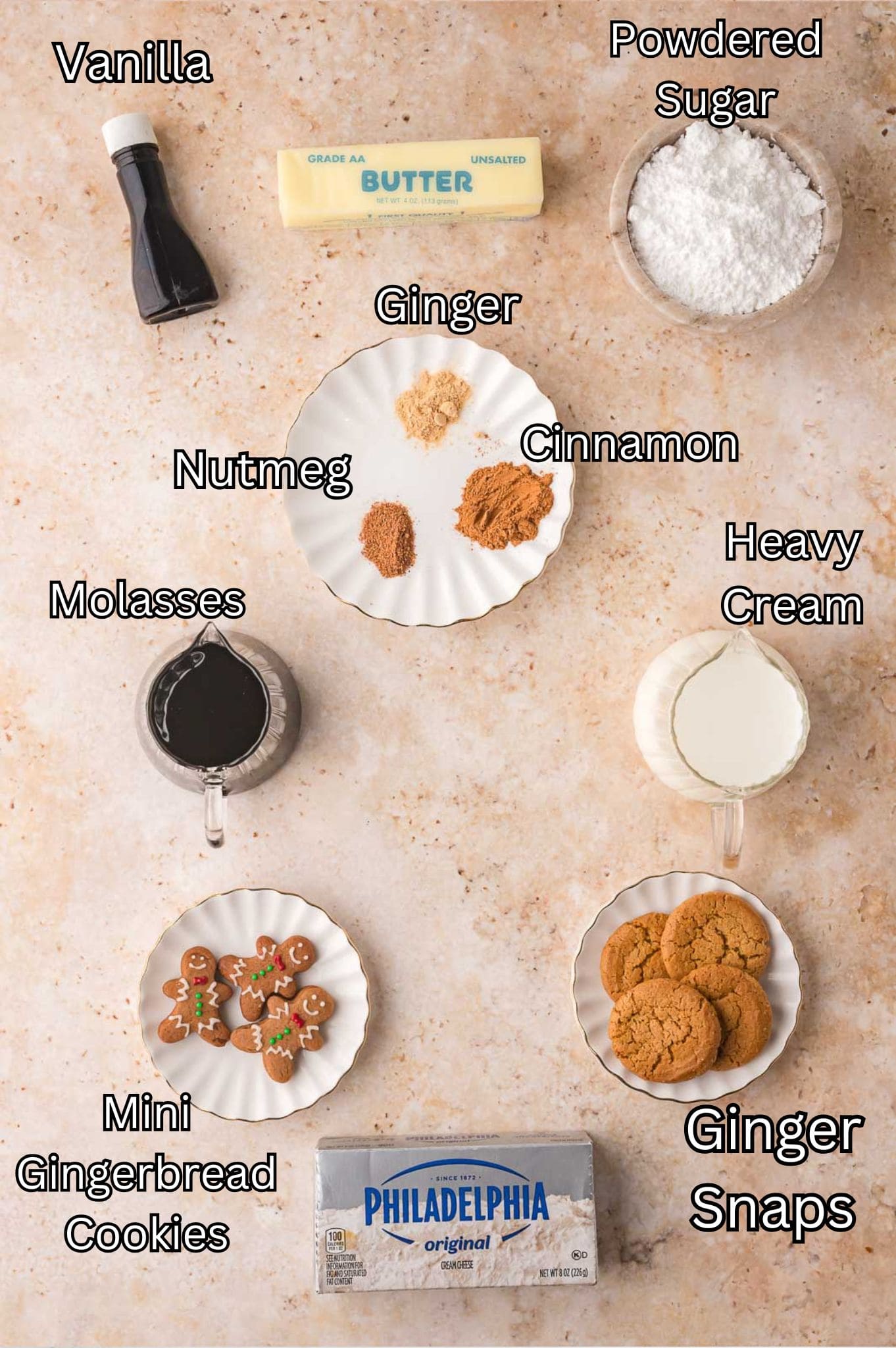 Ingredients for No Bake Gingerbread Cheesecake Tessie's Table.