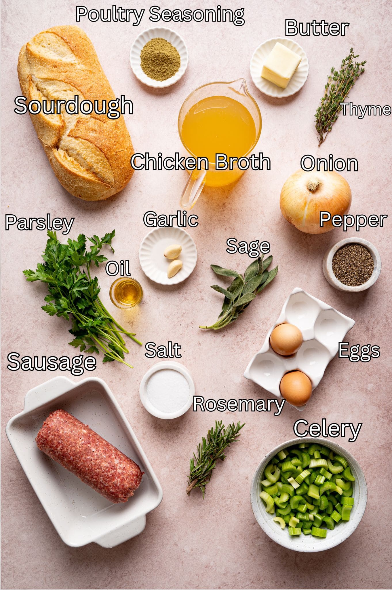 Ingredients for Sourdough Stuffing by Tessie's Table.