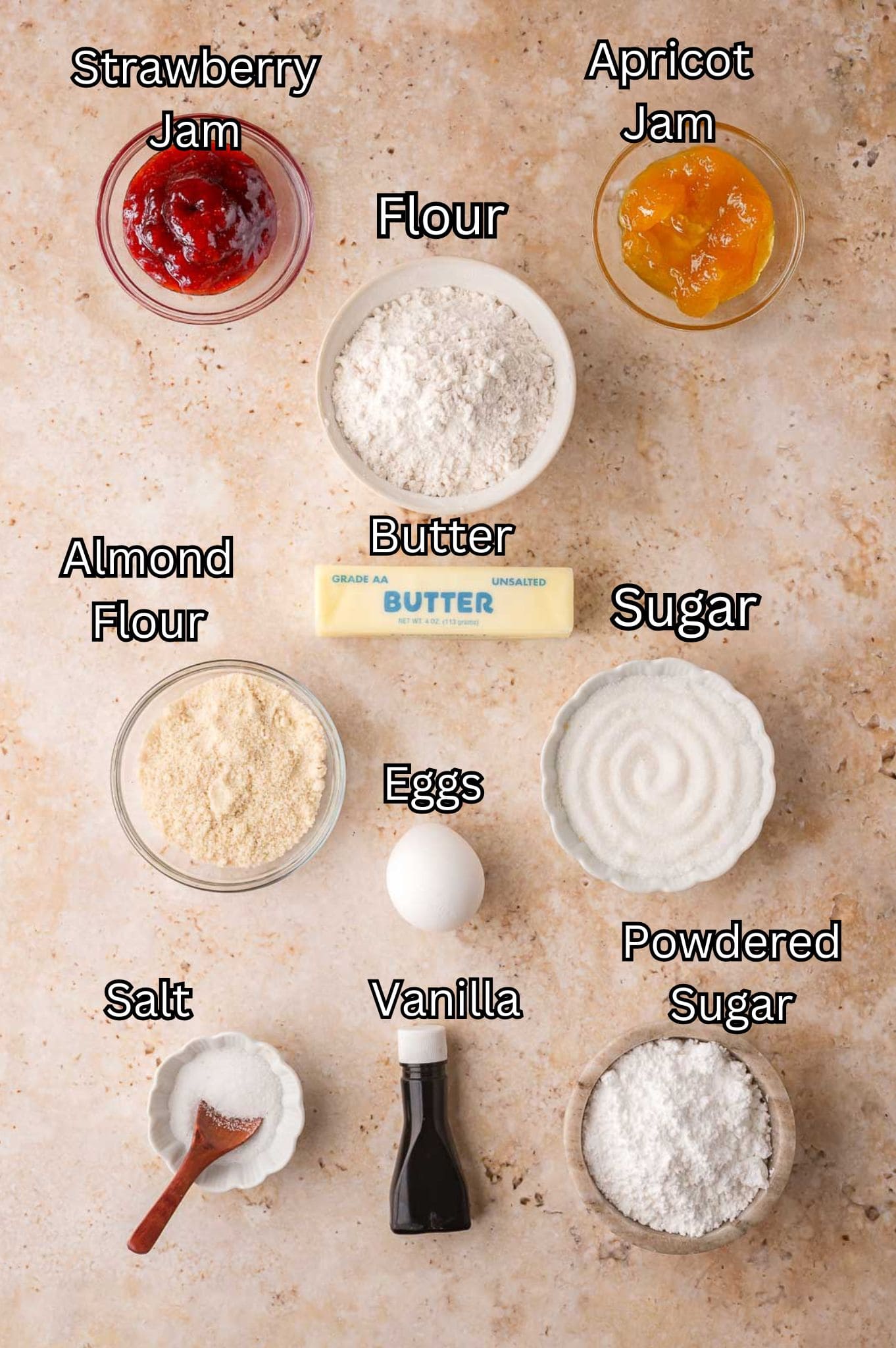 Ingredients for linzer Cookies Tessie's Table.