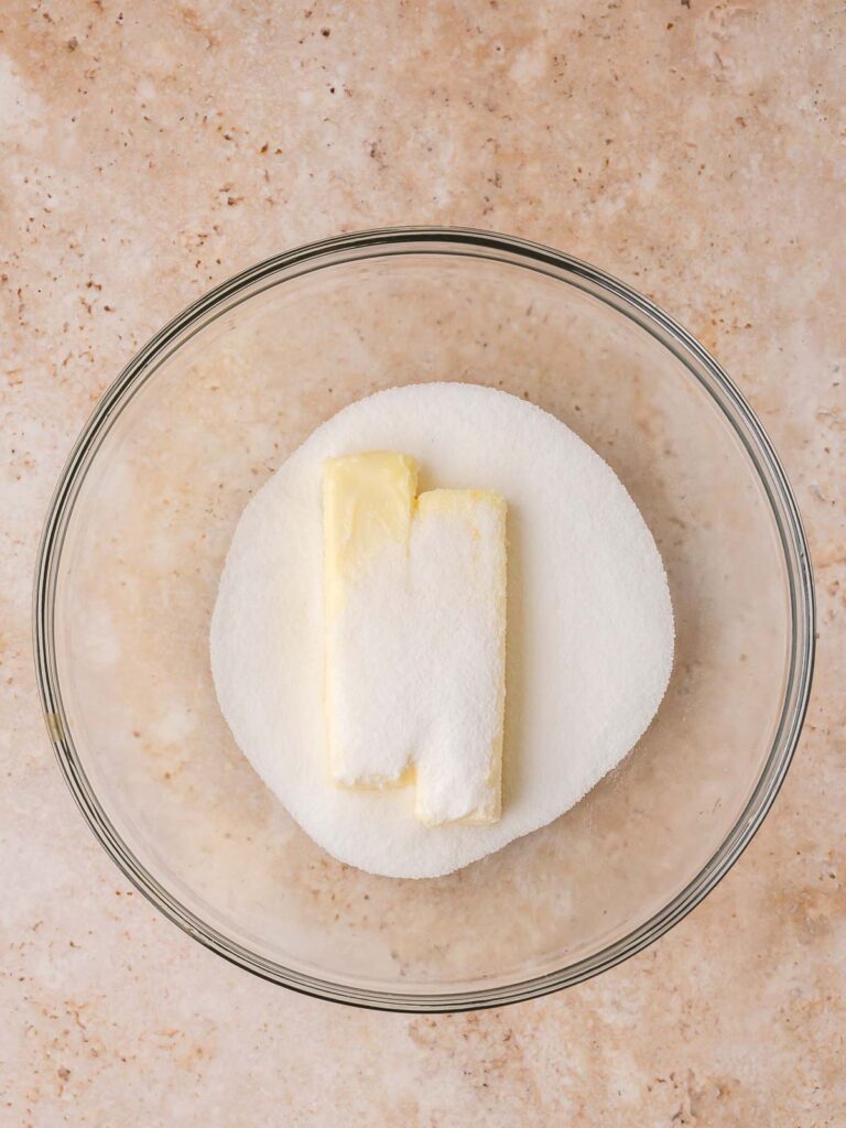 Softened butter and granulated sugar ready to be creamed for Linzer cookie dough.