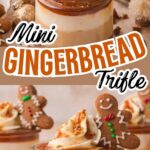 Mini Gingerbread Trifles in glass jars topped with whipped cream, caramel drizzle, and gingerbread man cookies, surrounded by gold ornaments and festive decor.