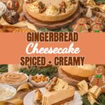 No-bake gingerbread cheesecake with gingerbread cookie crust on a cake stand.