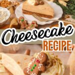 A creamy no-bake gingerbread cheesecake topped with whipped cream and mini gingerbread man cookies. The cheesecake sits on a spiced gingersnap crust and is garnished with festive holiday decor, making it perfect for Christmas dessert tables.