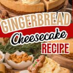 A creamy no-bake gingerbread cheesecake topped with whipped cream and mini gingerbread man cookies. The cheesecake sits on a spiced gingersnap crust and is garnished with festive holiday decor, making it perfect for Christmas dessert tables.