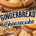 No-bake gingerbread cheesecake with gingerbread cookie crust on a cake stand.