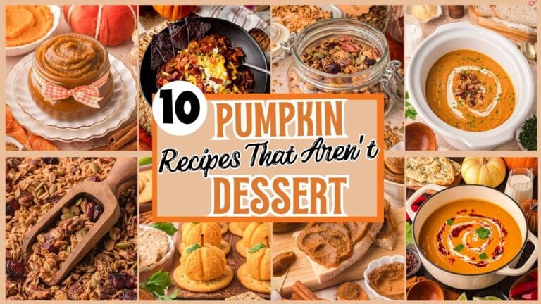 A collage of pumpkin recipes that are not dessert including Pumpkin Chili, Pumpkin Granola, Pumpkin Cheese Balls and Pumpkin Butter.