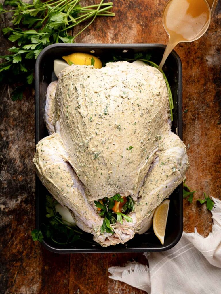Turkey stuffed with onions, lemon, herbs, and apple as chicken broth is poured into the roasting pan.