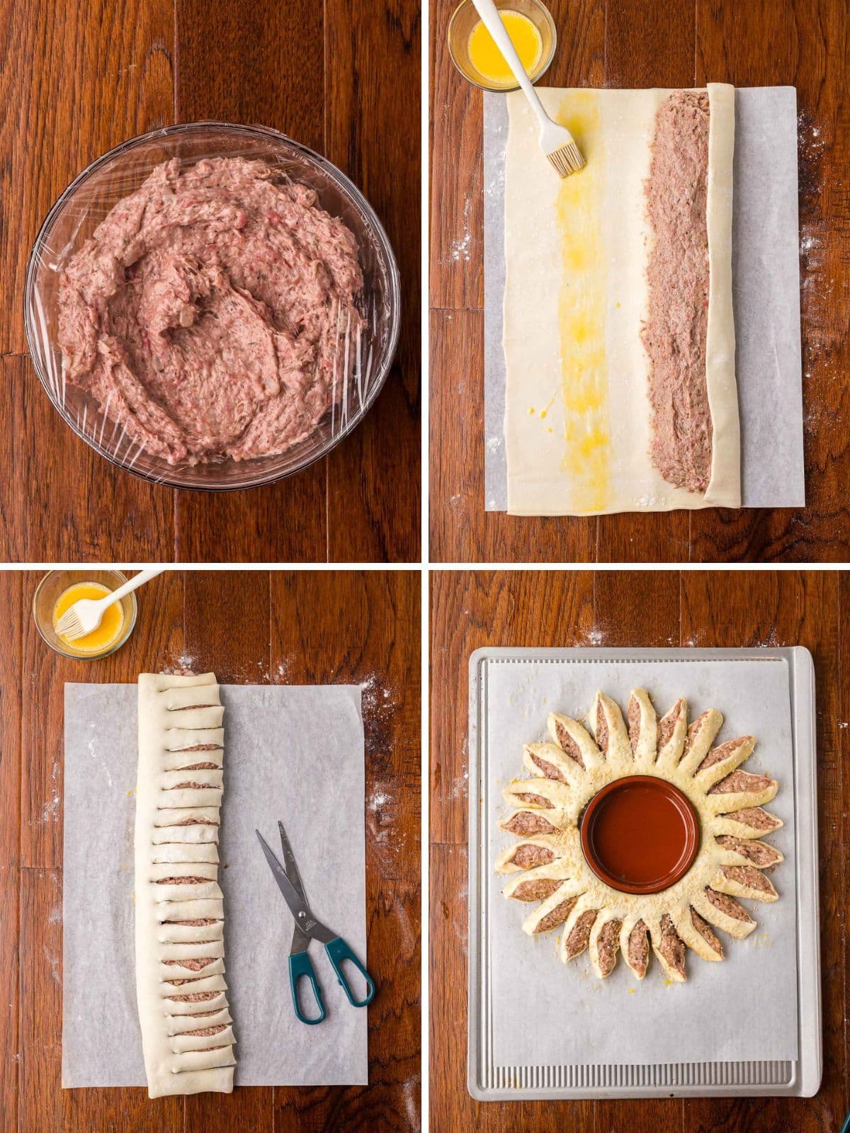 Four step photos showing chilled sausage filling in a bowl, the filling rolled in puff pastry with egg wash, the log snipped into sections with scissors, and the unbaked sausage roll wreath shaped around a bowl on a baking sheet by Tessie's Table.