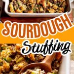 Baked sourdough stuffing in a white casserole dish with golden toasted bread cubes, sausage, and herbs, served as a classic holiday side dish.