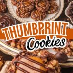 Turtle Thumbprint Cookies stacked on plates with caramel centers and chocolate drizzle.