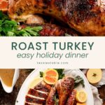 Whole golden roast turkey close-up and a carved turkey platter with gravy, apples and citrus by Tessie's Table.