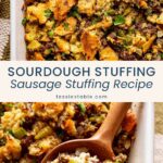 Close-up of sourdough sausage stuffing and a wooden spoon scooping stuffing from the baking dish by Tessie's Table.