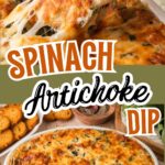 Cheesy spinach artichoke dip being scooped with bread, with the baked dish underneath.