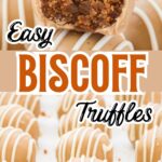 A group of Biscoff truffles on a white surface with cookie crumbs and melted white chocolate in the background.