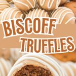 Close-up of Biscoff truffles with white chocolate coating and a bite showing the creamy cookie butter filling.