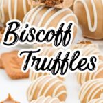 A group of Biscoff truffles on a white surface with cookie crumbs and melted white chocolate in the background.