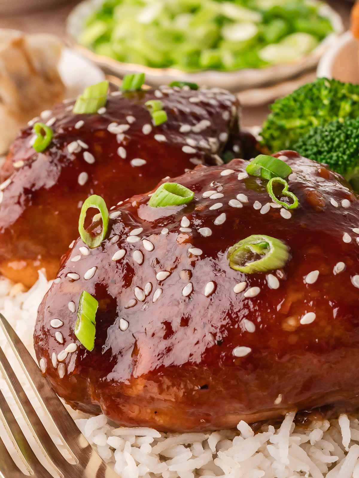 Side view of glazed honey garlic chicken thighs on rice topped with sesame seeds and chopped green onions.