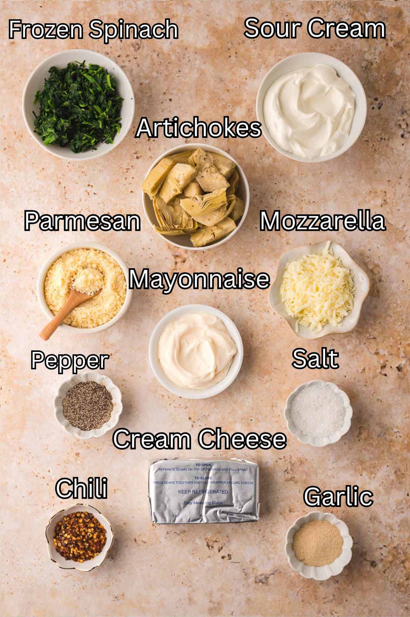 Ingredients for Bake Spinach Artichoke Dip by Tessie's Table.