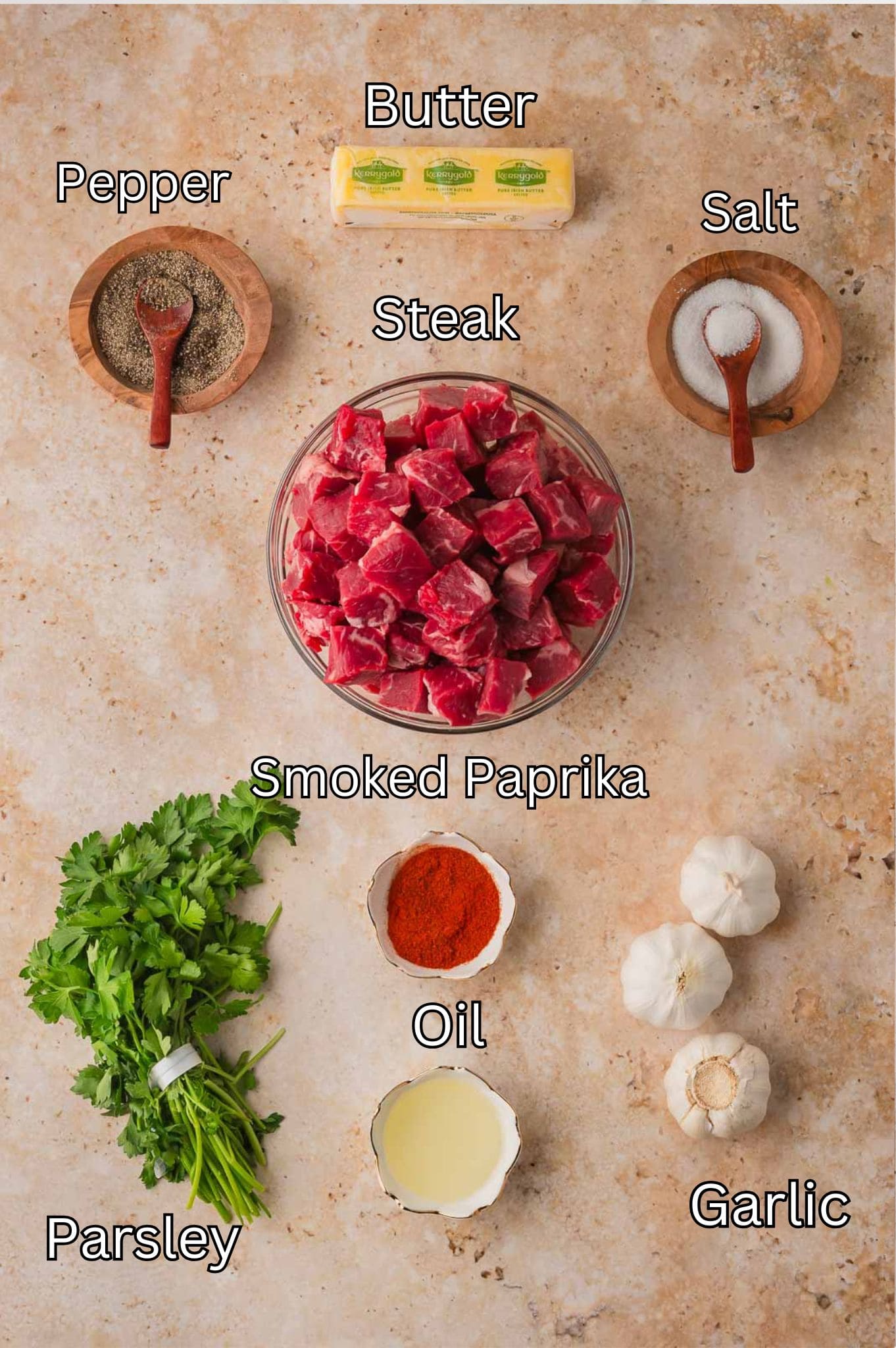 Ingredients for Garlic Butter Steak Bites by Tessie's Table.