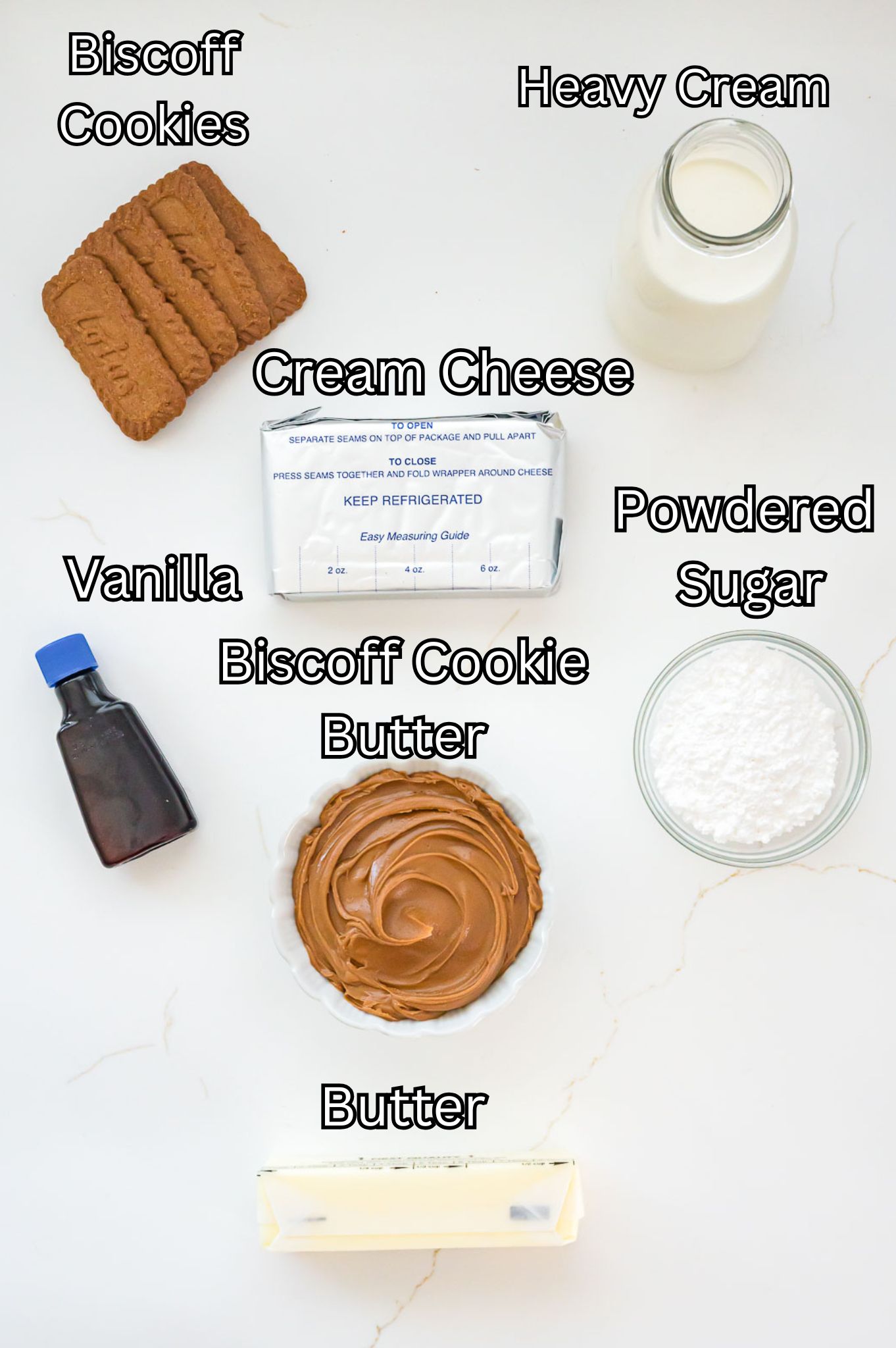 Ingredients for No-Bake Biscoff Cheesecake By Tessie's Table.
