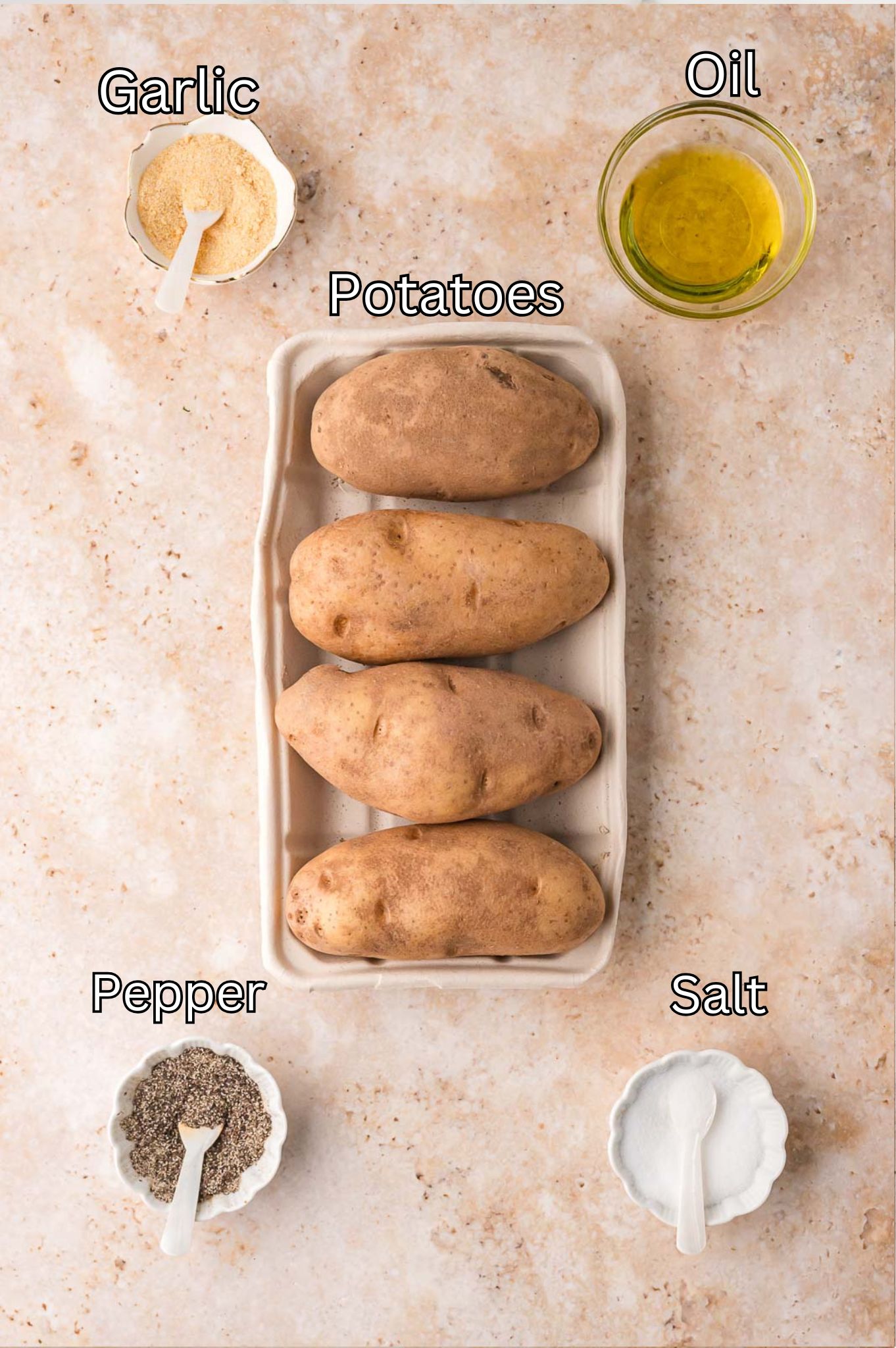 Ingredients for Perfect Baked Potatoes by Tessie's Table.