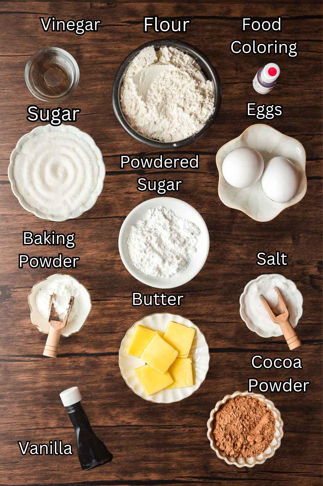 Ingredients for Red Velvet Crinkle Cookies Tessie's Table.