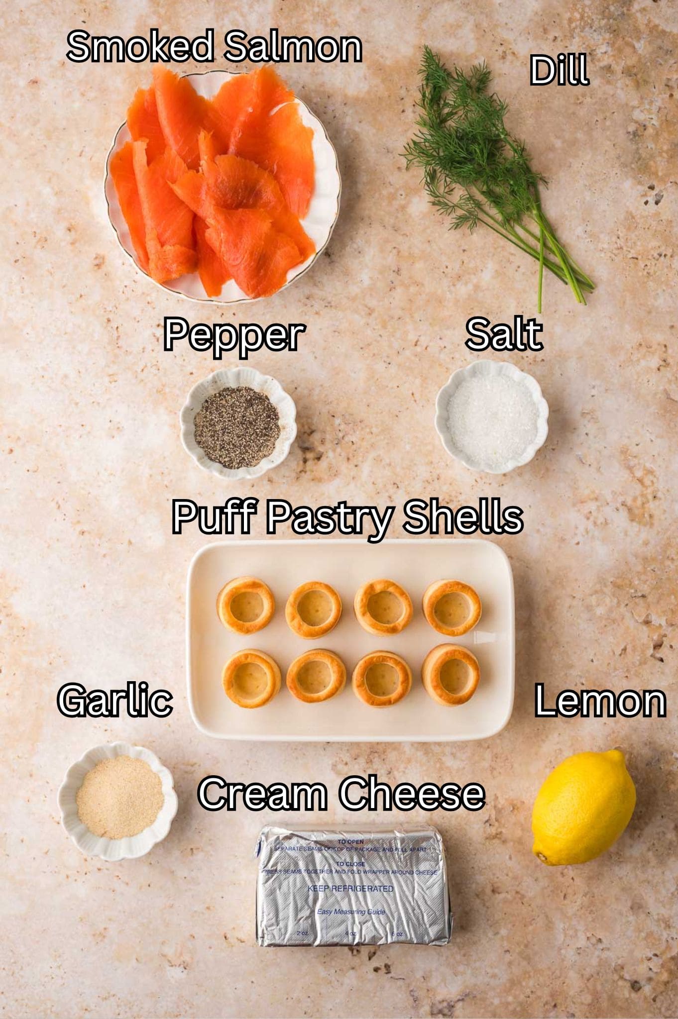 Ingredients for Smoked Salmon Appetizer by Tessie's Table.