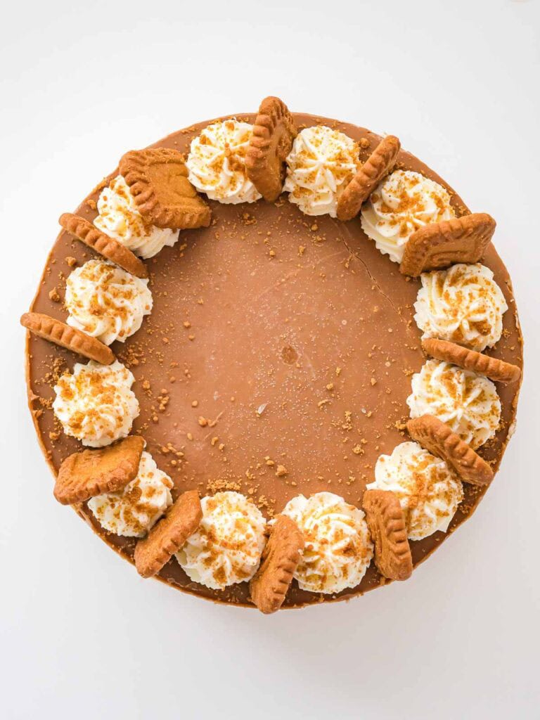 Finished No-Bake Biscoff Cheesecake topped with whipped cream swirls and Biscoff cookies around the edges.