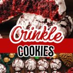 Red velvet crinkle cookies covered in powdered sugar on a wooden table with Christmas ornaments and pine sprigs.