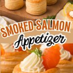Smoked salmon appetizer pin showing mini puff pastry shells filled with dill cream cheese and topped with rolled smoked salmon, labeled as a no bake holiday bite.