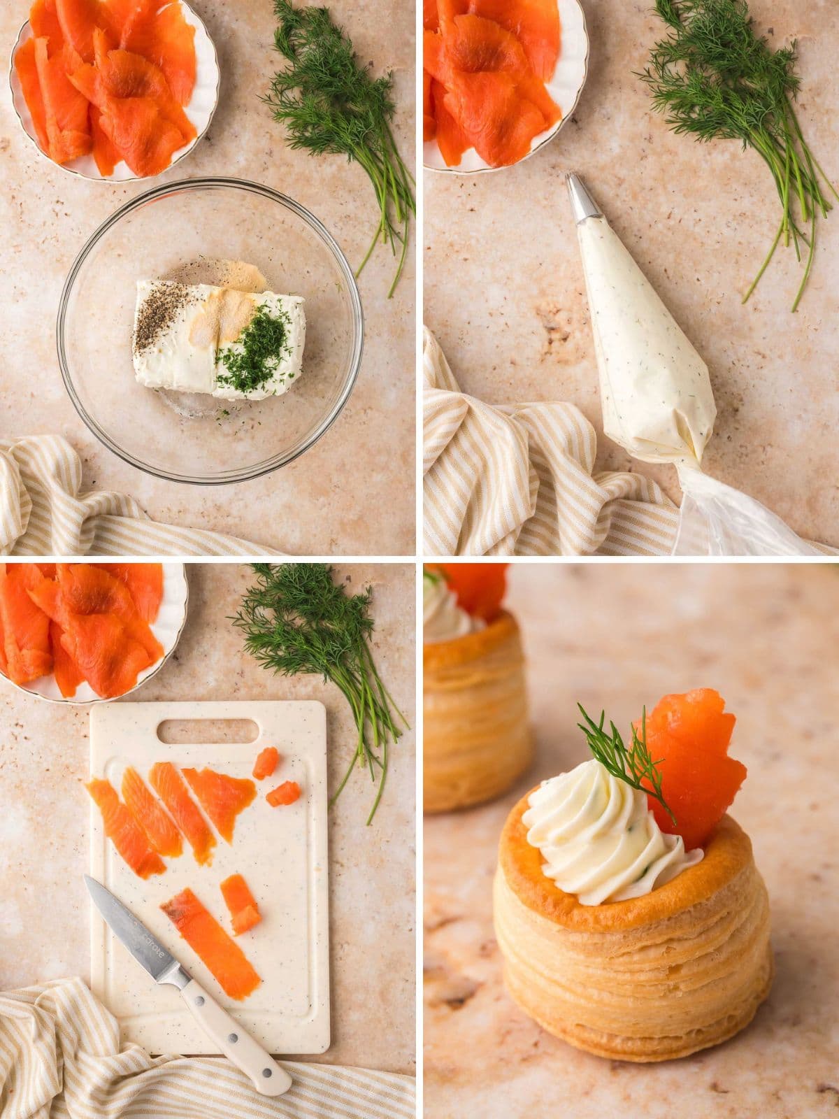 Four step photos showing cream cheese with dill and seasonings in a bowl, the filling in a piping bag, smoked salmon cut into strips on a board, and a finished smoked salmon vol au vent with dill by Tessie's Table.