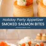 Smoked salmon vol au vents with piped dill cream cheese and rolled smoked salmon lined up on a board by Tessie's Table.