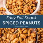 Bowl of spiced peanuts with chili powder and cayenne beside it and a spoonful of roasted spiced peanuts by Tessie's Table.