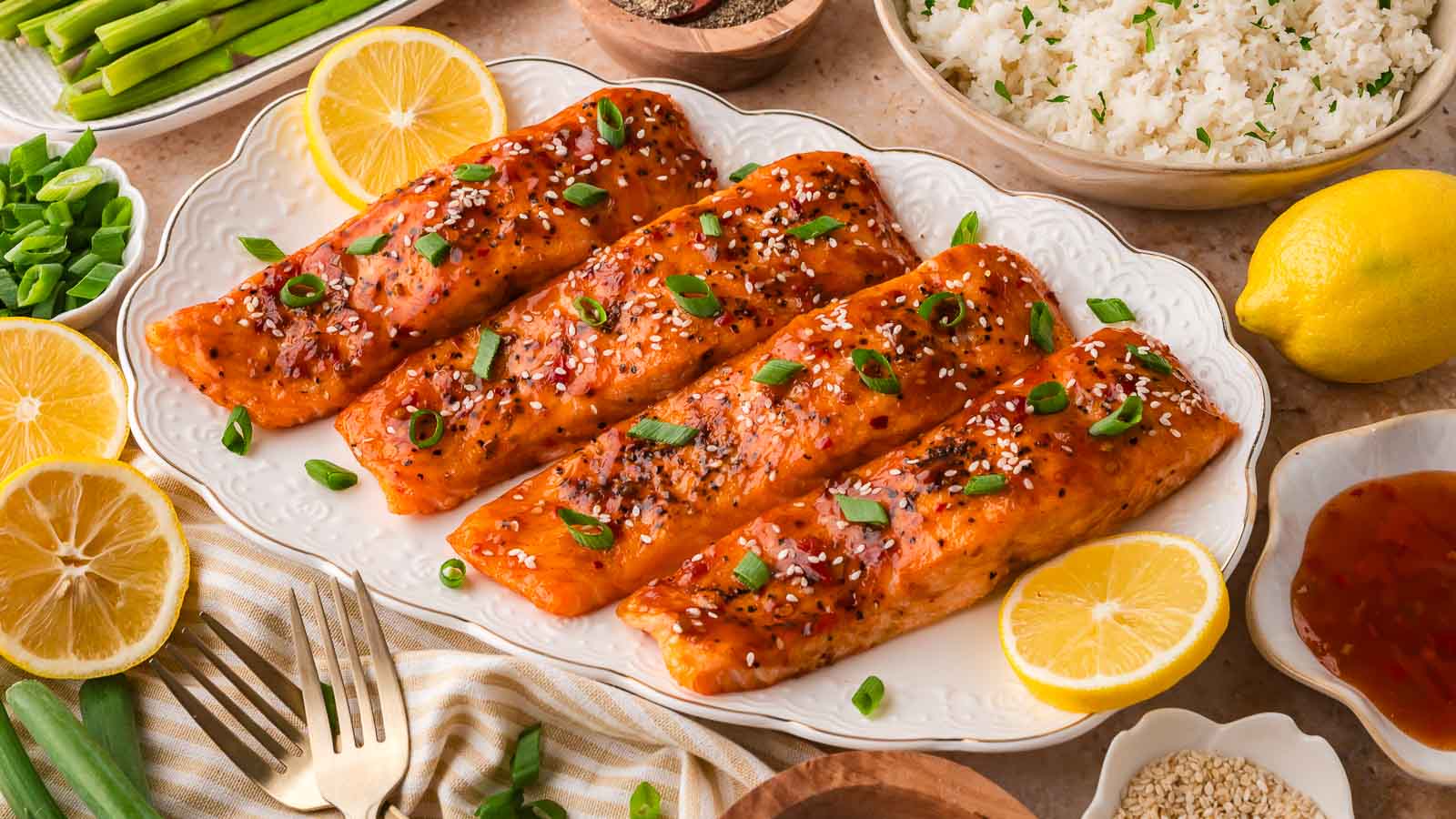 Air Fryer Sweet Chili Salmon By Tessies Table.