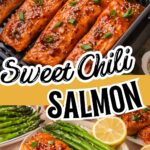 Healthy Air Fryer Sweet Chili Salmon Pinterest pin showing sweet chili salmon cooking in the air fryer and a salmon rice bowl with asparagus.