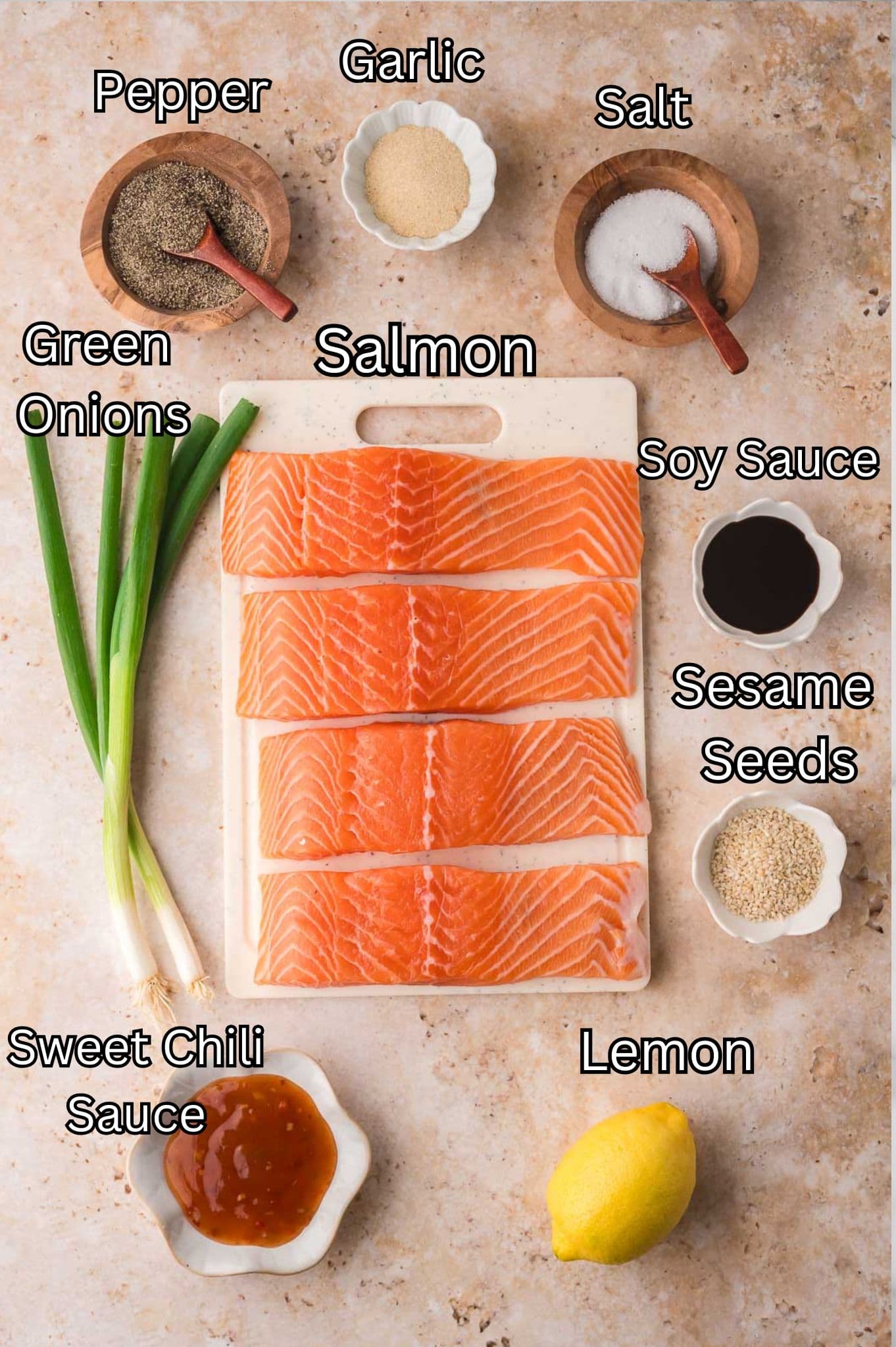 Ingredients for Air Fryer Sweet Chili Salmon by Tessie's Table.