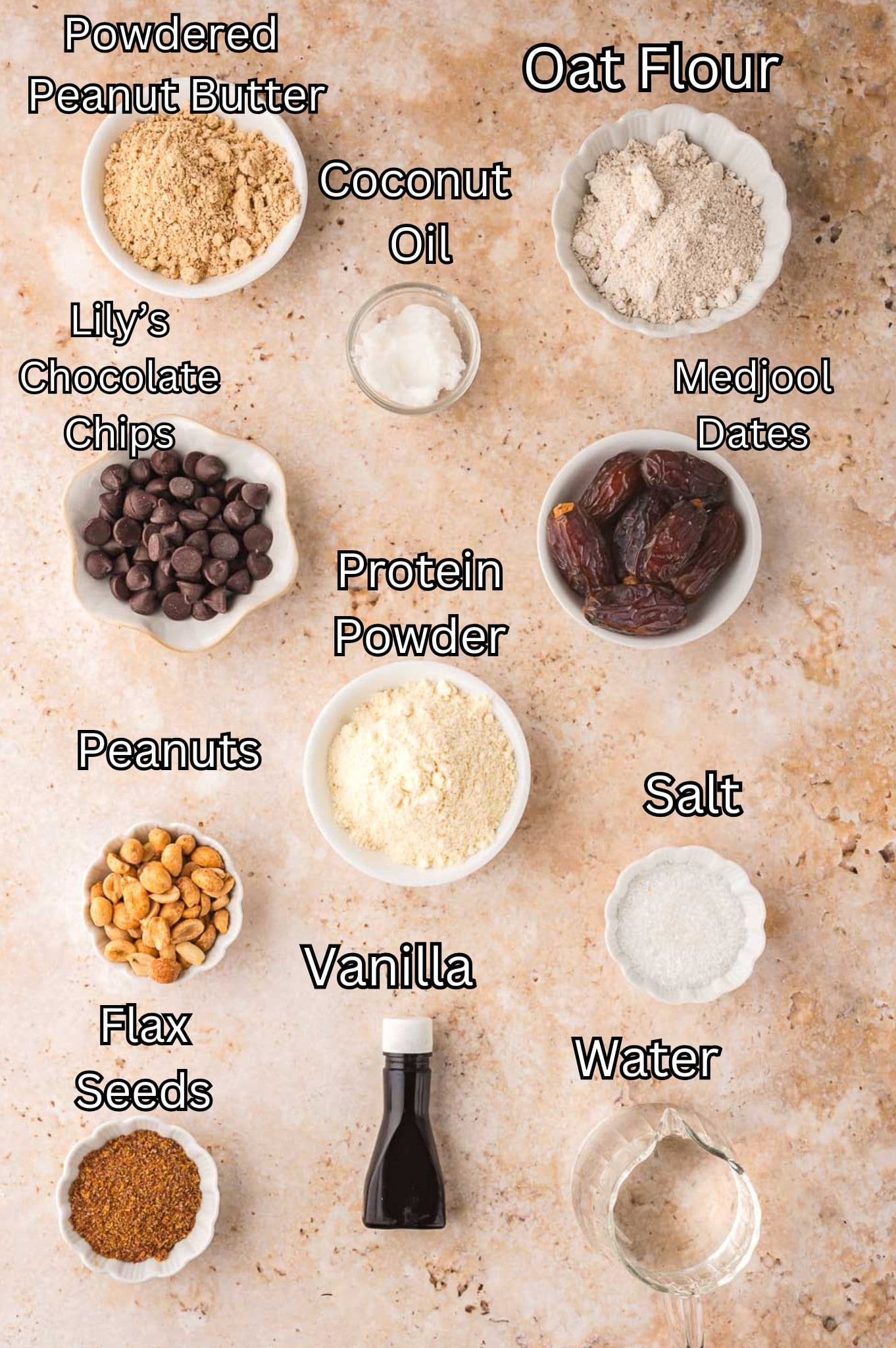Ingredients for Chocolate Peanut Butter Protein Bars by Tessie's Table.