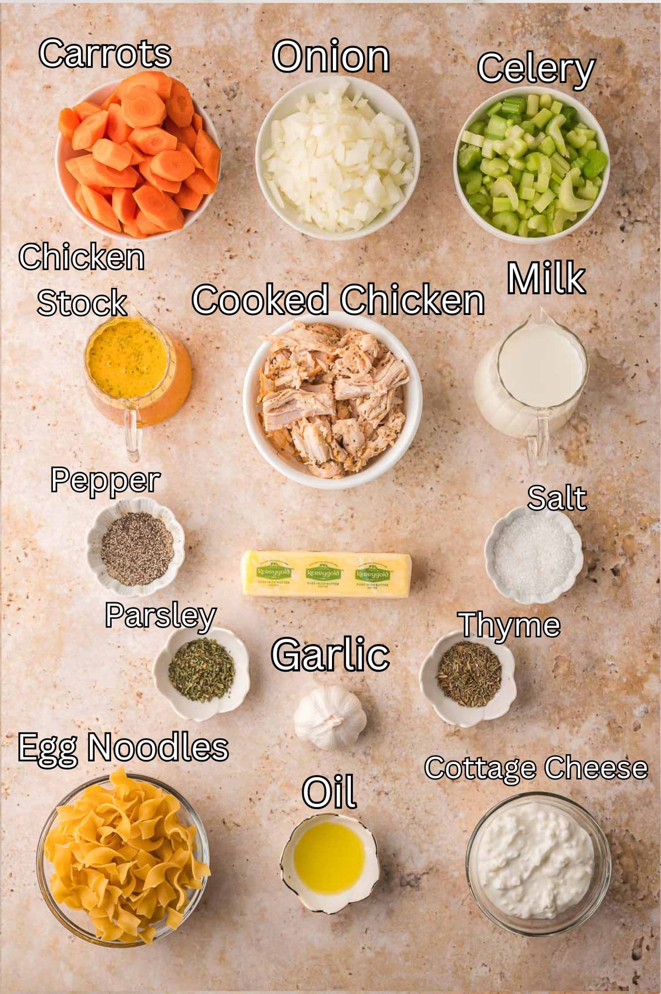 Ingredients for Creamy Chicken Noodle Soup by Tessie's Table.