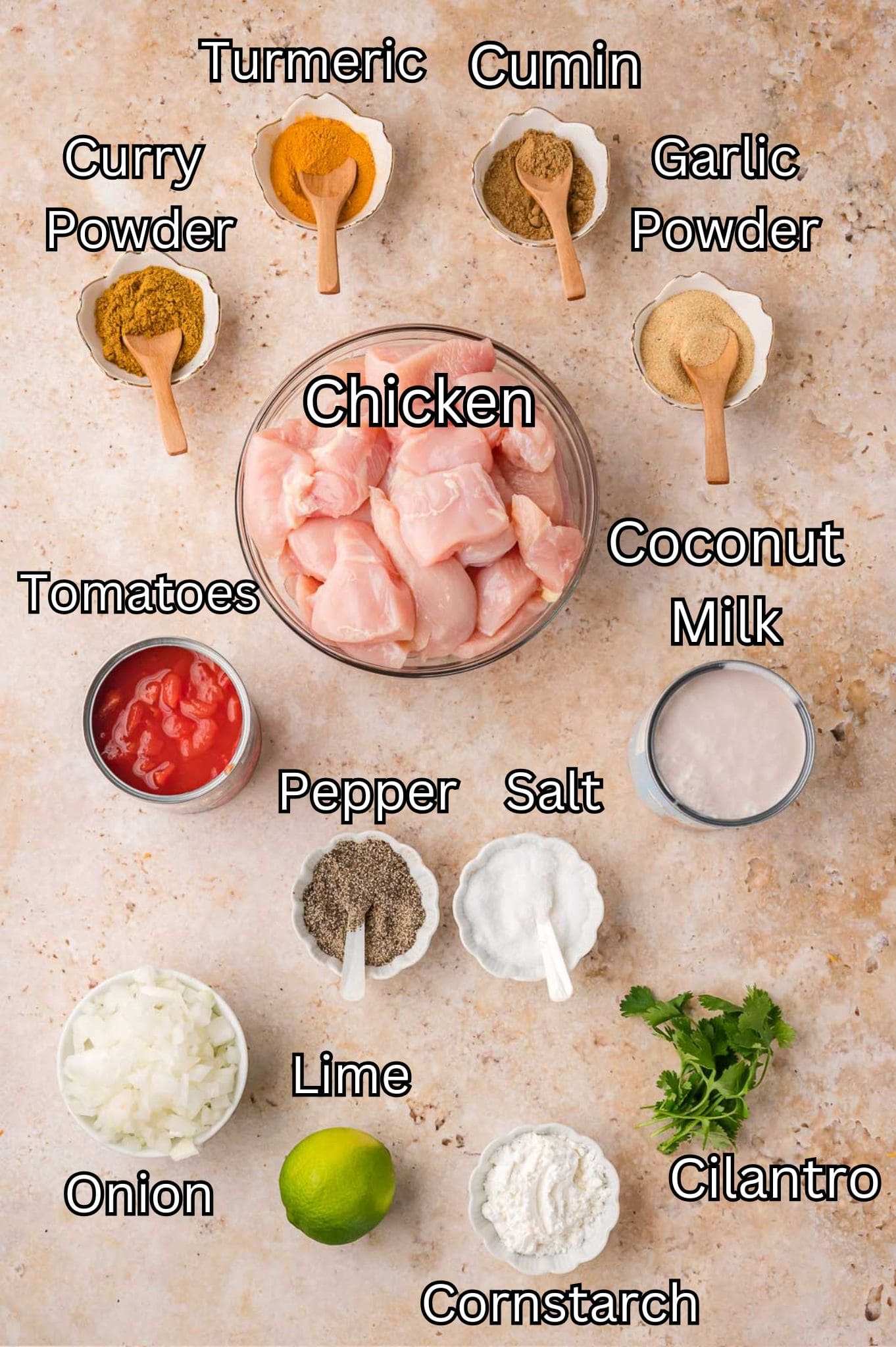 Ingredients for Slow Cooker Coconut Chicken Curry by Tessie's Table.