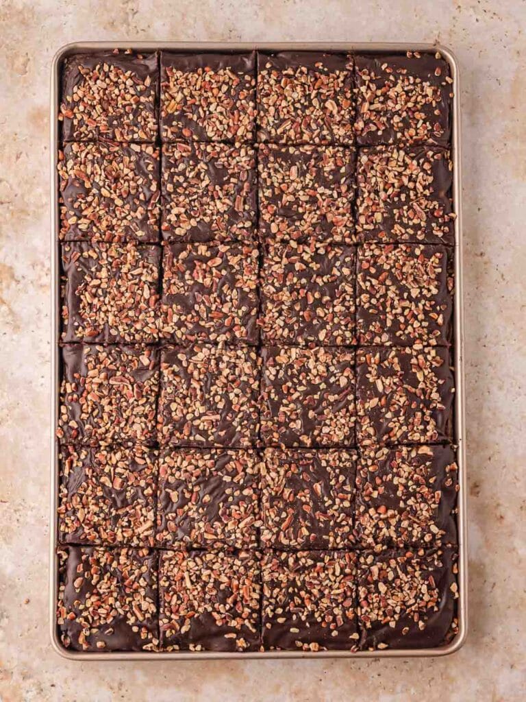 Finished Texas sheet Cake with walnuts sprinkled on top and cut into squares.